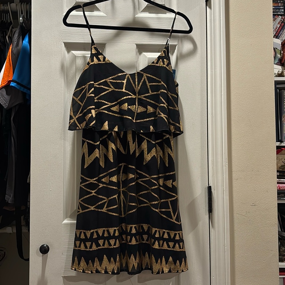 Anthropology size S spaghetti strap gold/black mini dress